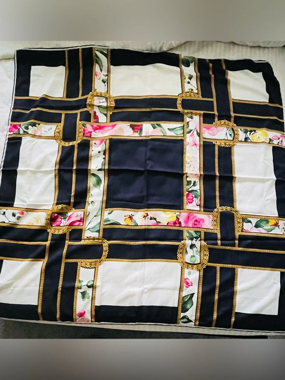Black & White Floral Chain-Print Silk Scarf